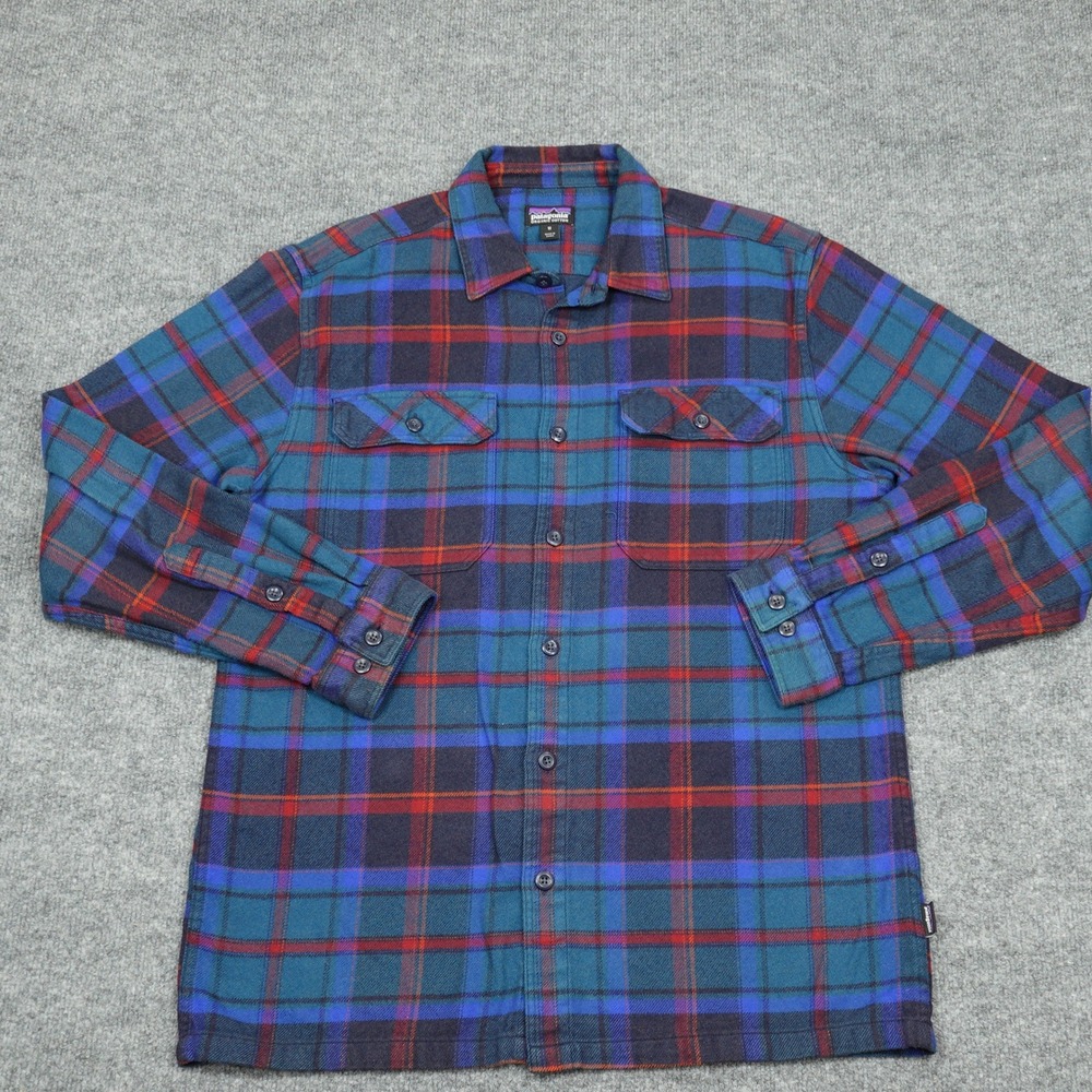 Patagonia Shirt Men Medium Blue Plaid Fjord Flannel Organic Cotton Long Sleeve